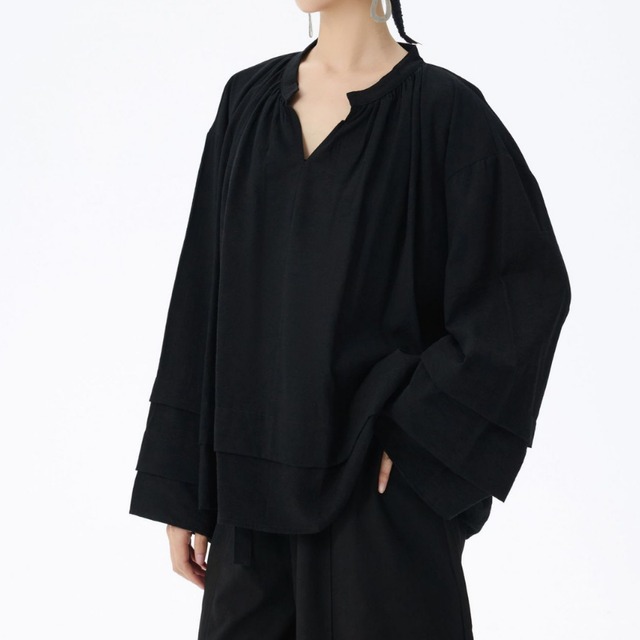 長袖 Vネック ギャザー オーバーサイズ ブラウス 2color BL0530