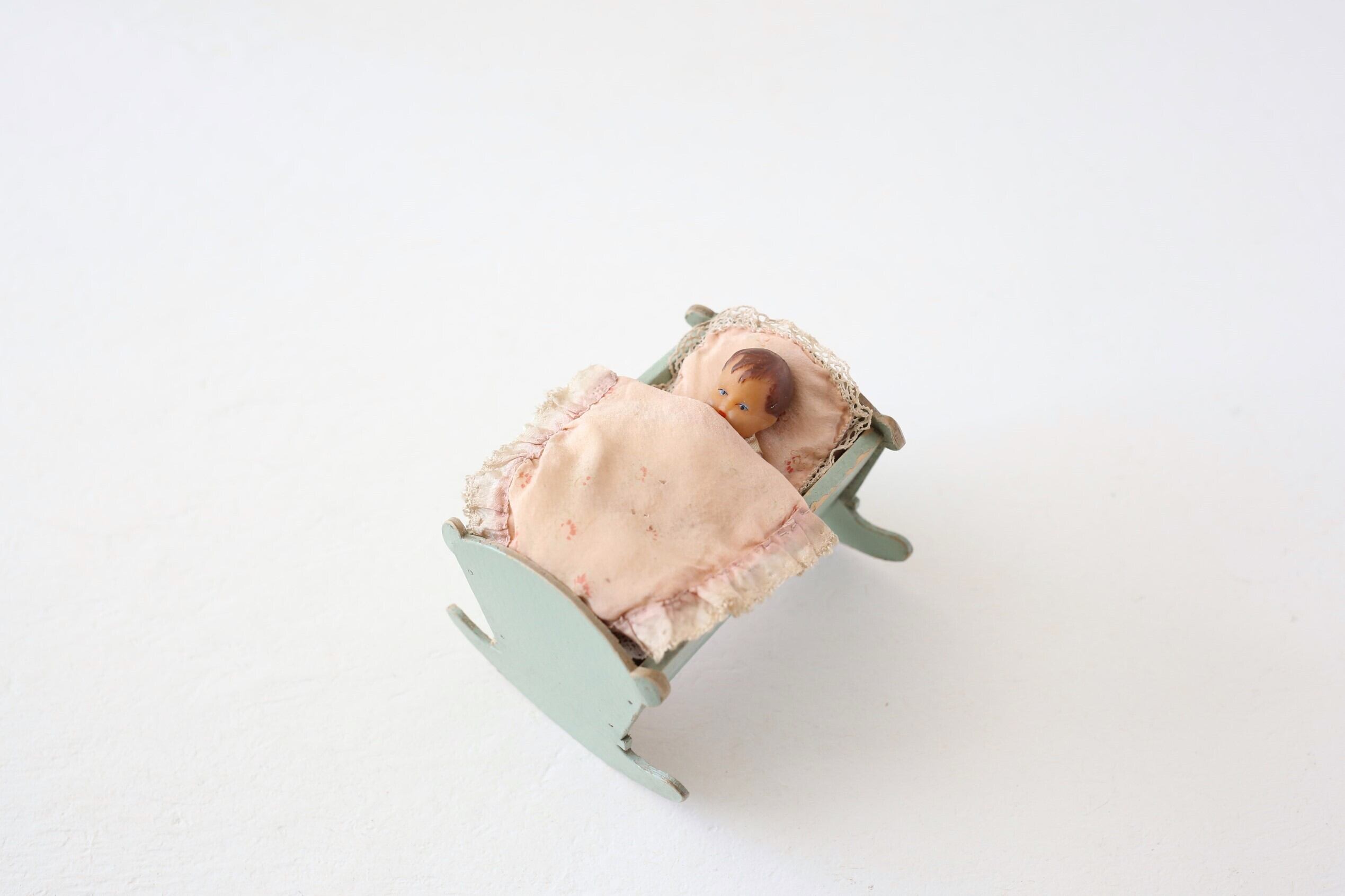 フランス アンティーク ヴィンテージ ミニチュア ドールベッド 寝具セット ペールグリーン N-04979