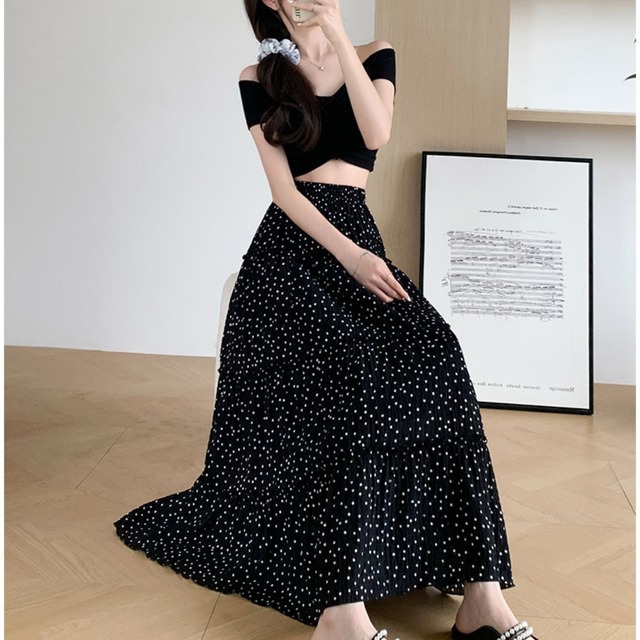 ドット Aライン ロング スカート ブラック 250494