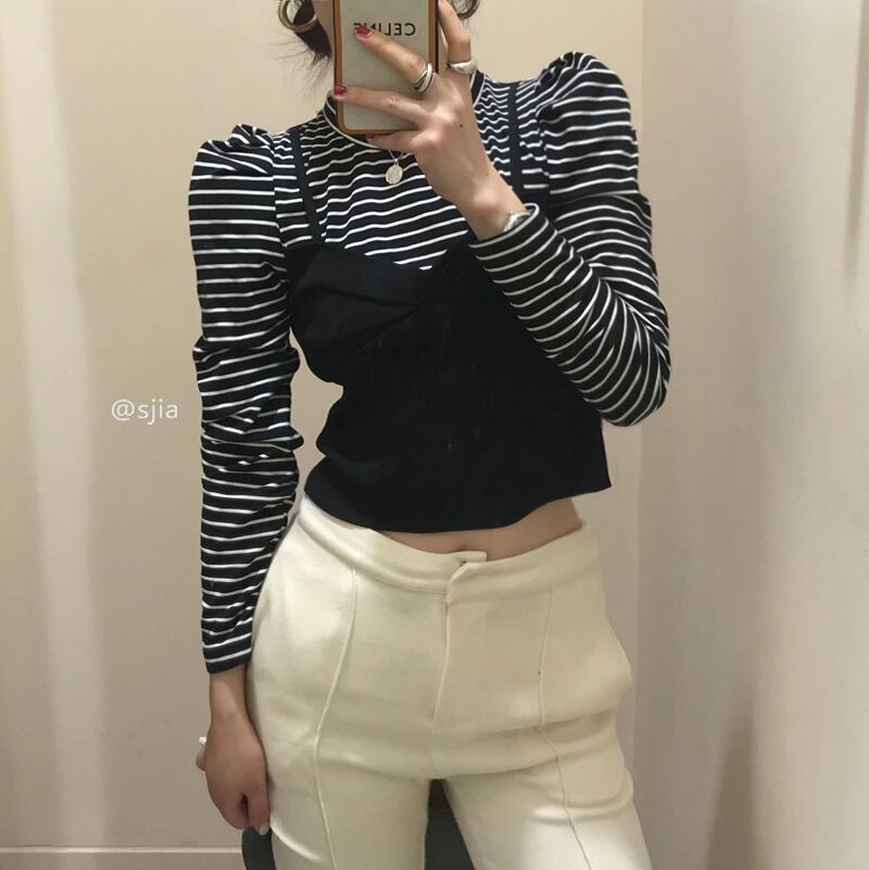 スプリングストライプスリーブニットブラウス ロング 春物 ステッチ ドラファッションホール47767262447