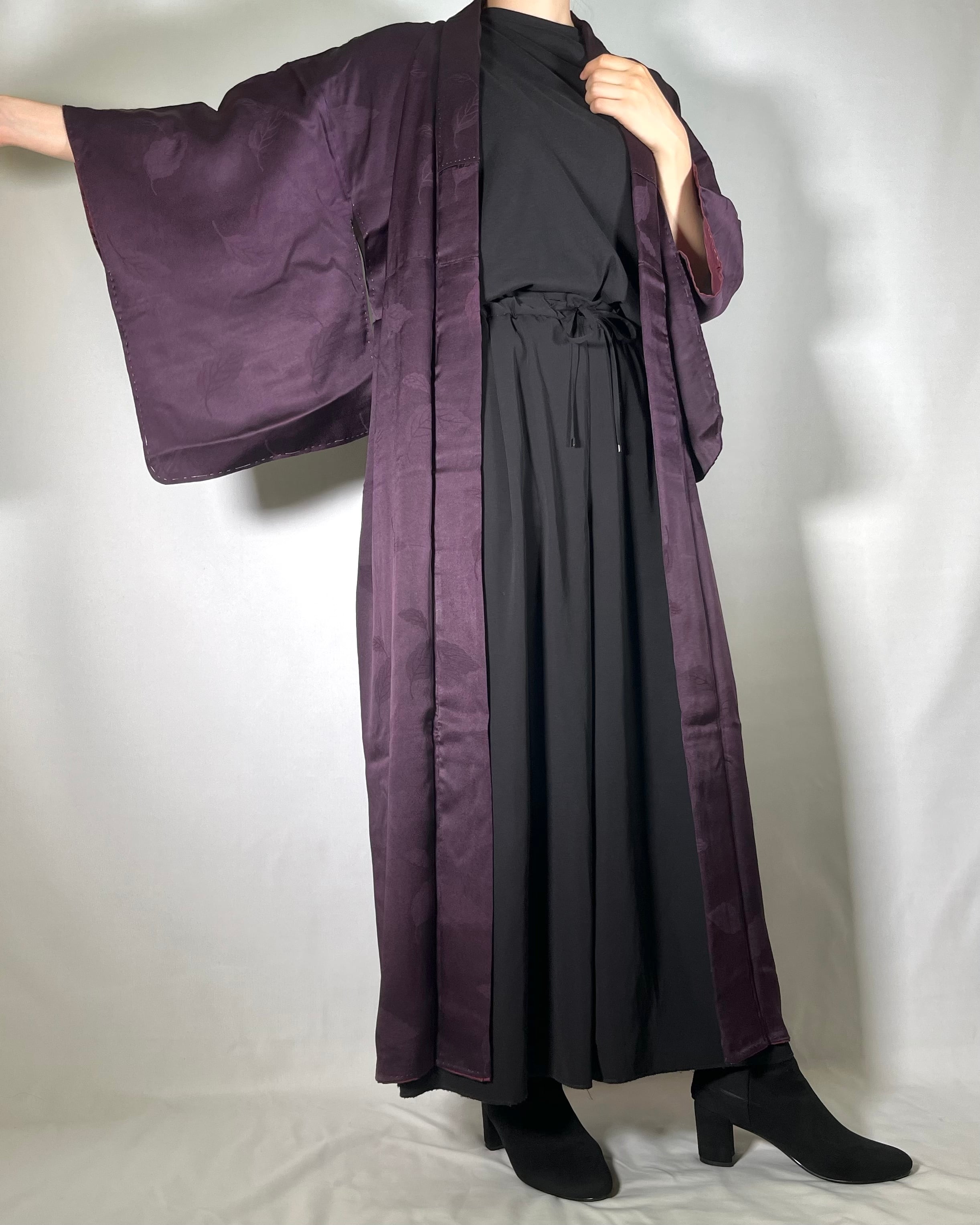 【11761】 着物リメイク ロングコート 紫 葉模様 | 羽織屋 etowa