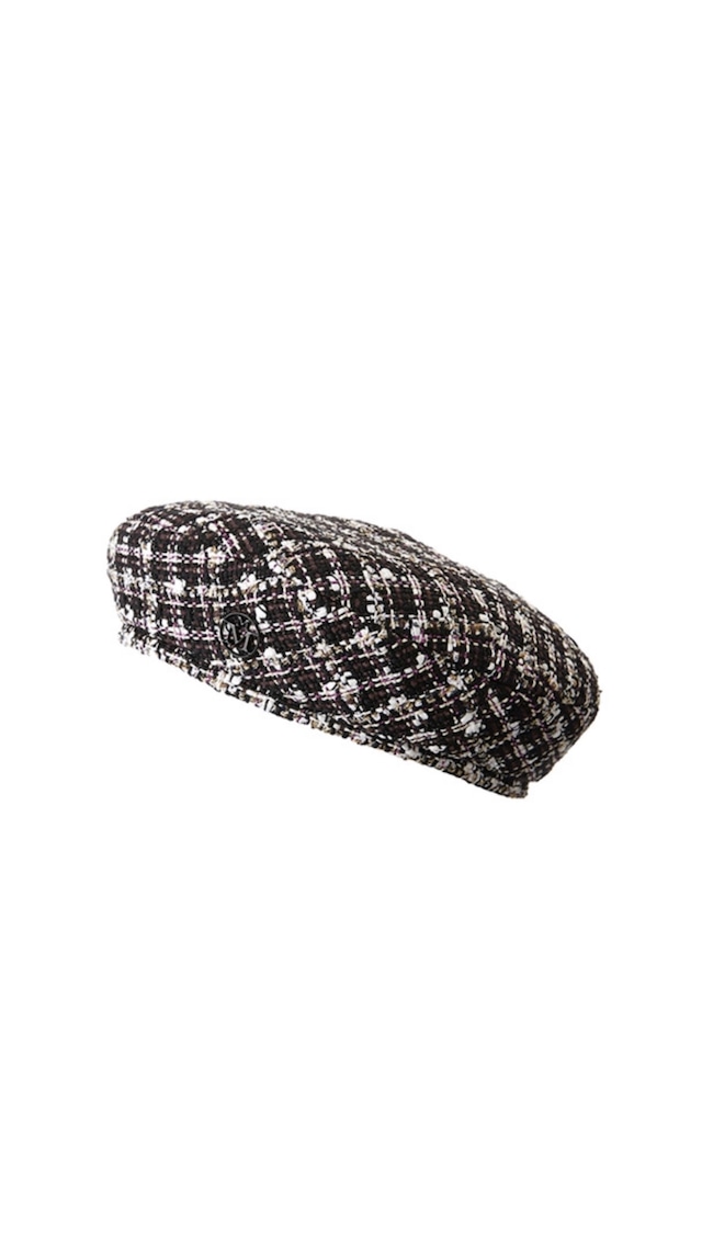 MAISON MICHEL -New Billy- Beret in multi coloured tweed fabric with a gingham effect.: Tweed from Chanel Acte 3,