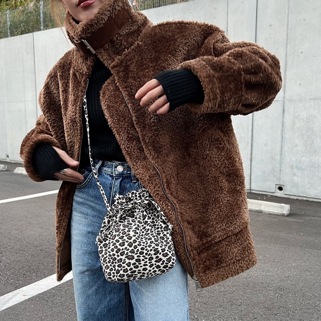 ベルトデザインパイピングムートンファーJK／dark brown