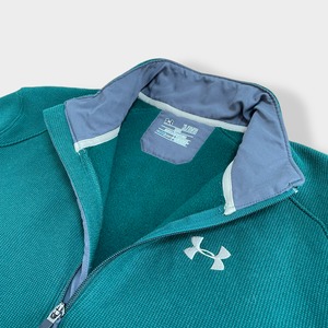 【UNDER ARMOUR】XL ビッグシルエット 刺繍ロゴ バックロゴ ハーフジップ スウェット プルオーバー アンダーアーマー COLD GEAR ディープグリーンUS古着