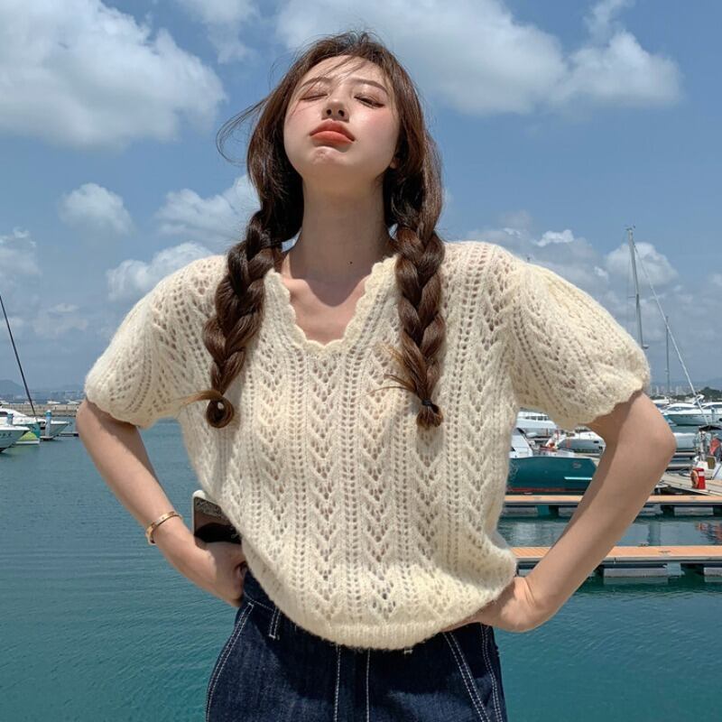 ニットセーター 薄手スリーブVネックショートブラウス サマールーズシャツ トップス 夏物 YY-ファッション71549195163