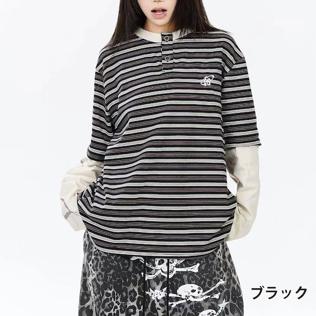 レイヤードスリーブボーダーヘンリーネックTシャツ 2col R02479