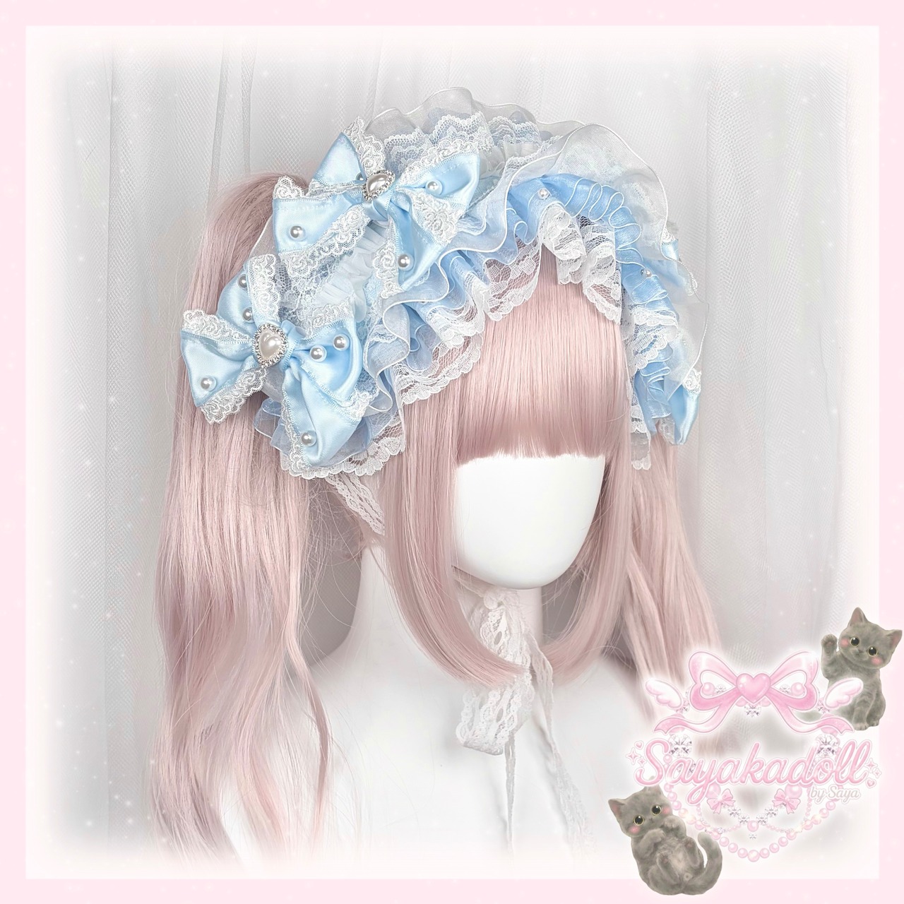 ♡【受注生産】 No.7 プリンセスリボン フリルレース こぼれるパールの宝石箱3wayヘッドドレス light blue ♡