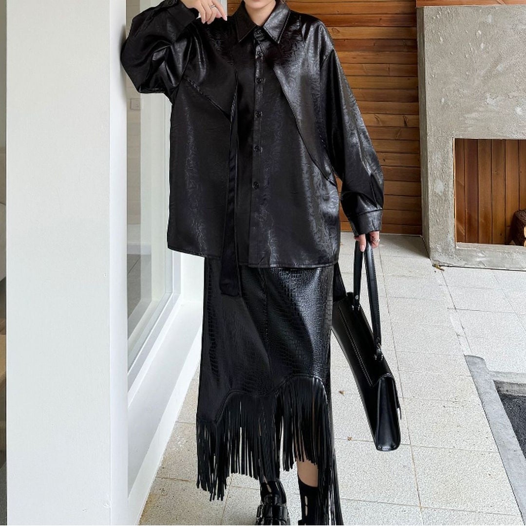 【美品】SANTACROCE レザーシャツ　黒 PUレザーシャツ BL0448 | Style Sombre（スタイルサムバ）【レディース