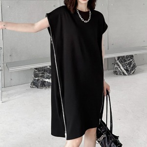 BLACK SIDE ZIP ROUND NECK SLEEVELESS MIDI DRESS 1color M-7034