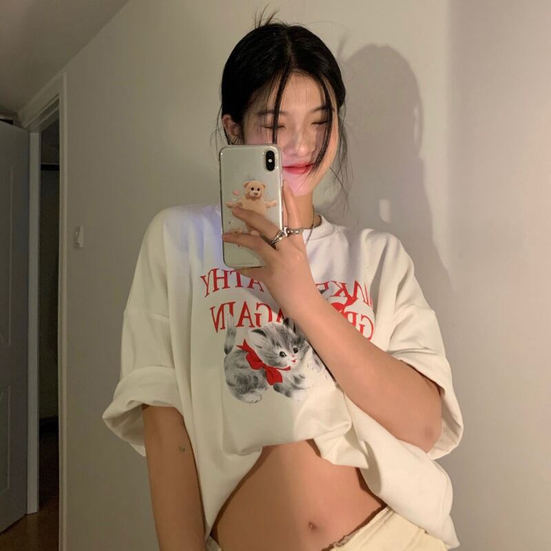 Tシャツ シャツ レディースルーズホワイトプリント柄スプリング 春物 ブラックストロベリース54473478349