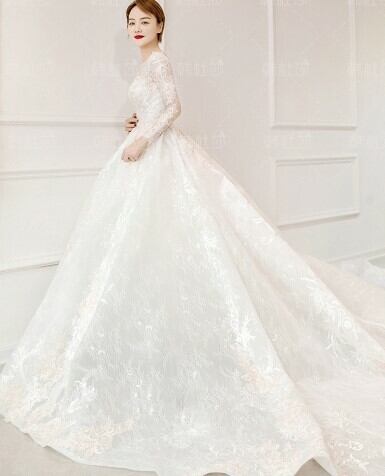 シャンシャン♡ウエデェングドレスご紹介♡ ウエディングドレス シャンパン色 枝花刺繍 上品透け袖 編み上げ