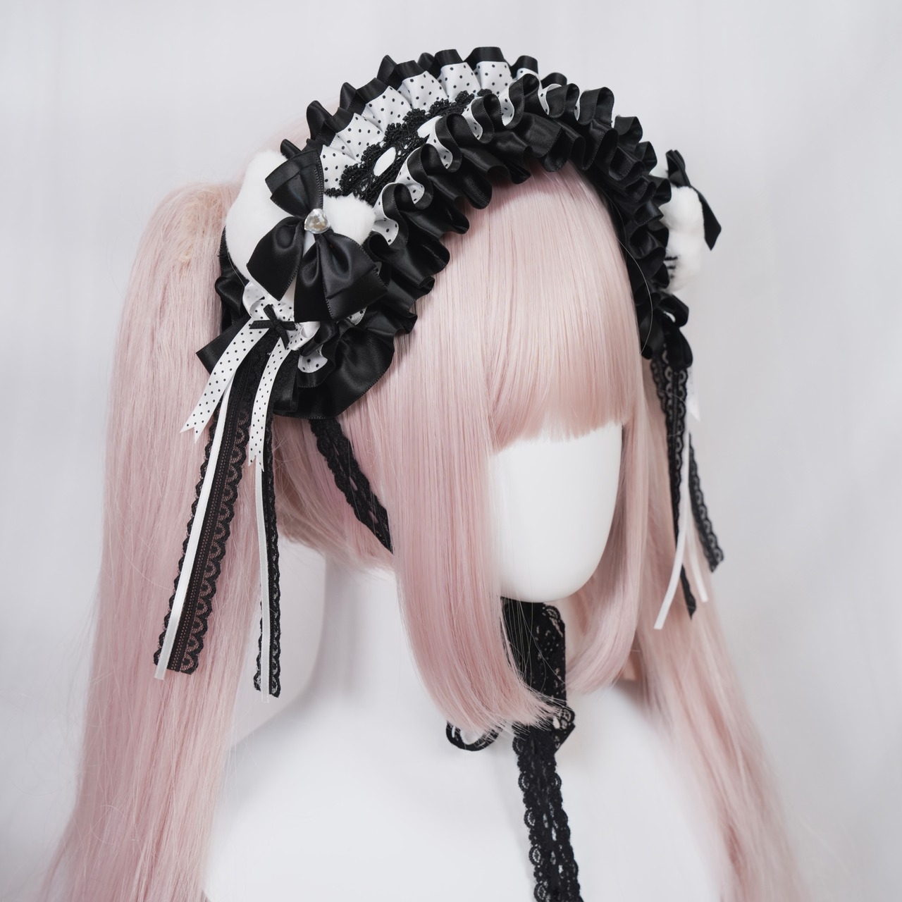 ♡【Sayakadoll original】【受注生産】白猫のおめかし ブラックリボン＆ドット柄フリルヘッドドレス light blue ♡