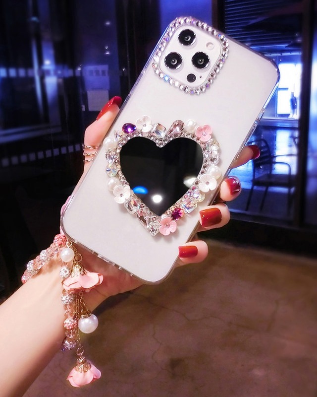 ハートミラー ビジュー iPhoneケース スマホケース ストラップ付き