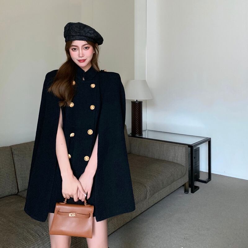 2020年秋冬新作スタイルのスモールマントウールコートのウールコートレディースミドル丈ブラック気質バージョン ブラックストロベリース47924566681