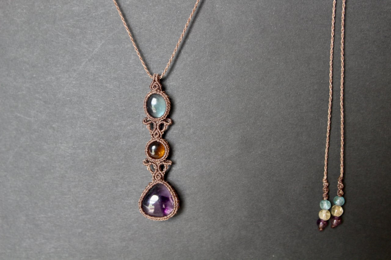 Trapiche amethyst & Green Fluorite & Citrin micro macrame pendant