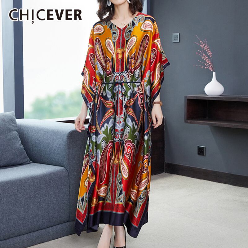 CHICEVERプリントヒットカラードレスレディースVネックバットウィングスリーブプラスサイズルーズマキシドレス2020年夏服 大きめサイズ サマー 夏物 6base544148323707