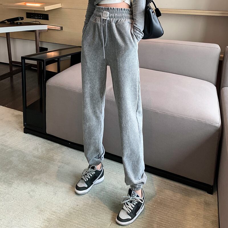 コーデュロイカジュアルパンツ ハイウェストウェストスリムワイドレッグオータムウィンター 秋物 冬物 ワイドパンツ ブラックストロベリース37605684650