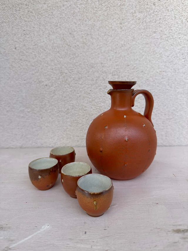 Vintage pottery orange red デキャンタset