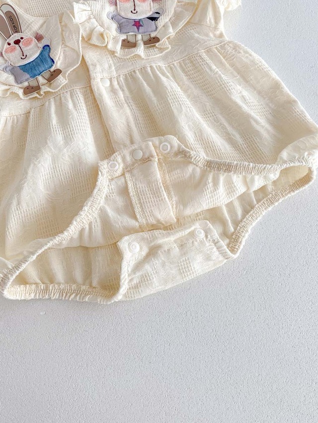 【BABY】うさぎ刺繍レースフリル襟半袖ロンパース - 11