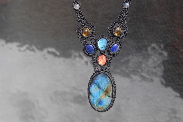 Multi color labradorite & Blue Labradorite & Sunstone & Lapis lazuli & Citrin micro macrame necklace