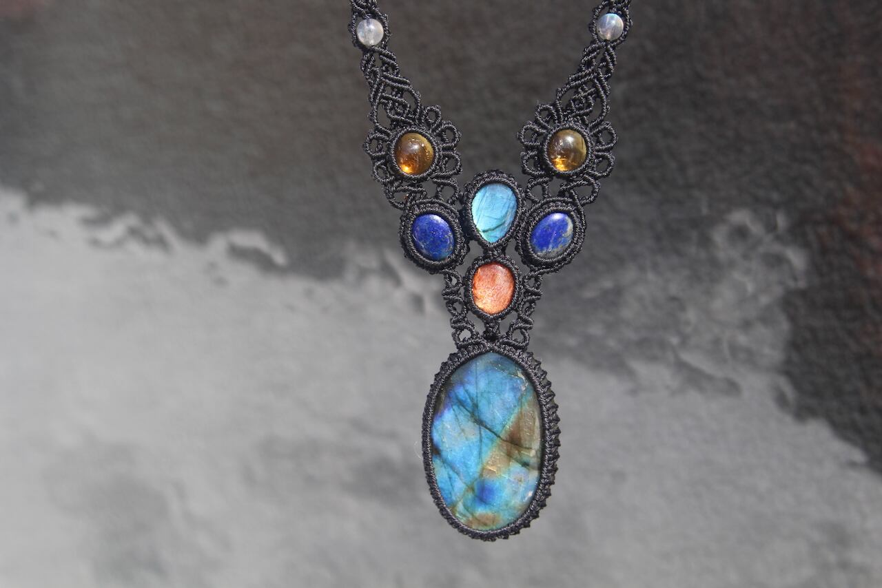 Multi color labradorite & Blue Labradorite & Sunstone & Lapis lazuli & Citrin micro macrame necklace