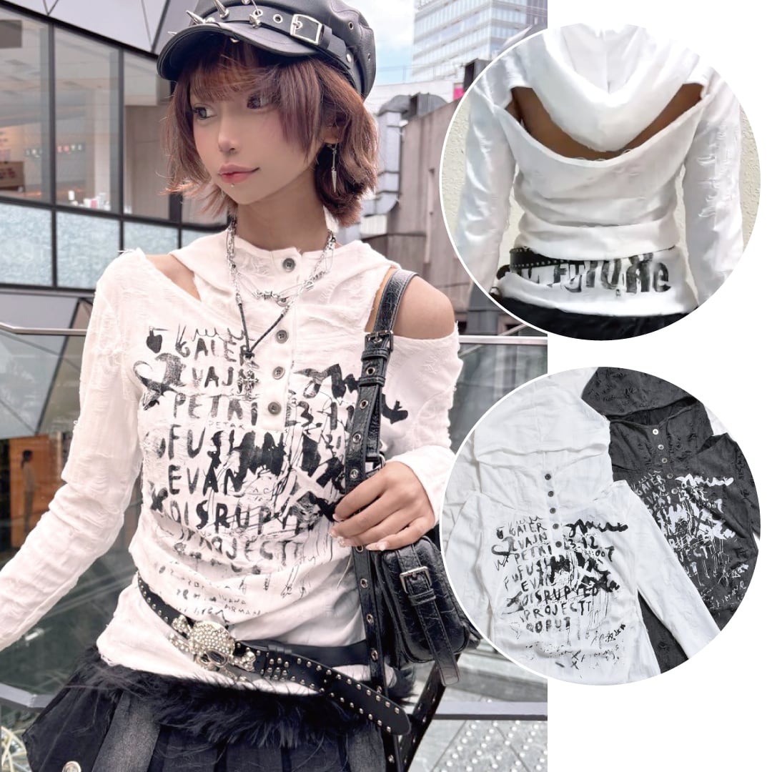 【3/12新着】フードオフショルダメージロンT