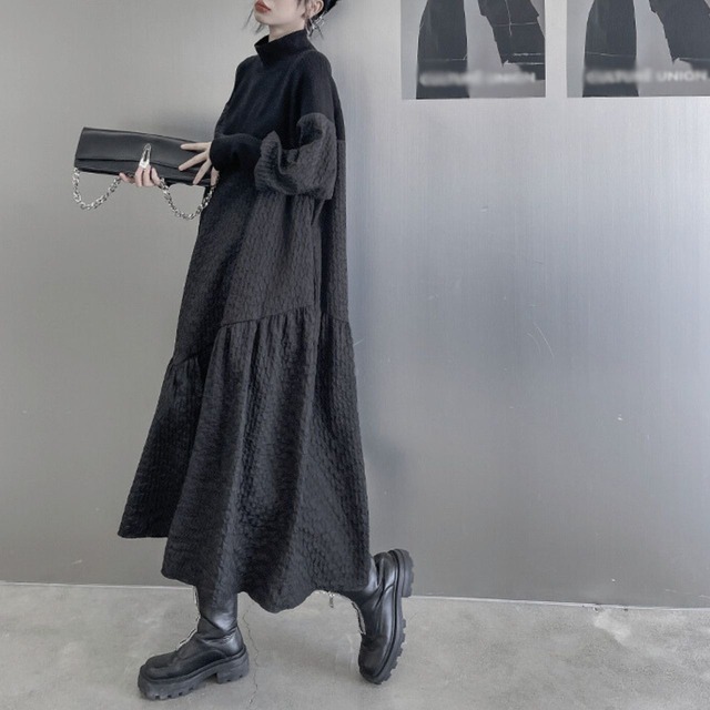 Stand collar stitch knit dress C0503