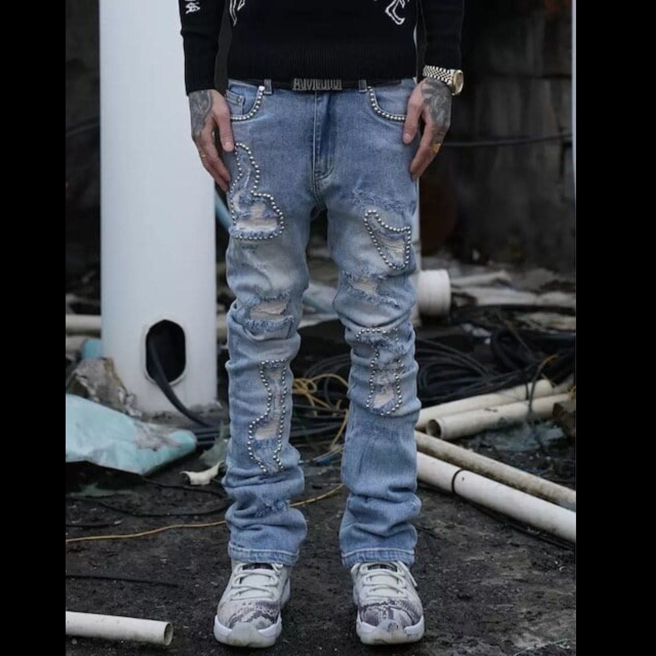 TGFCLUB studs damage slim fit denim - 1