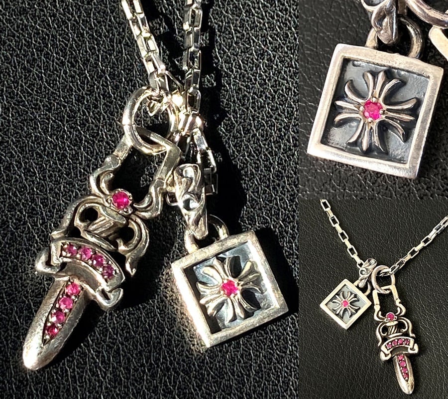 国内正規 クロムハーツ CHROME HEARTS パヴェルビー ダガー 重ね フレームドクロス ルビー ネックレス 2点 純正