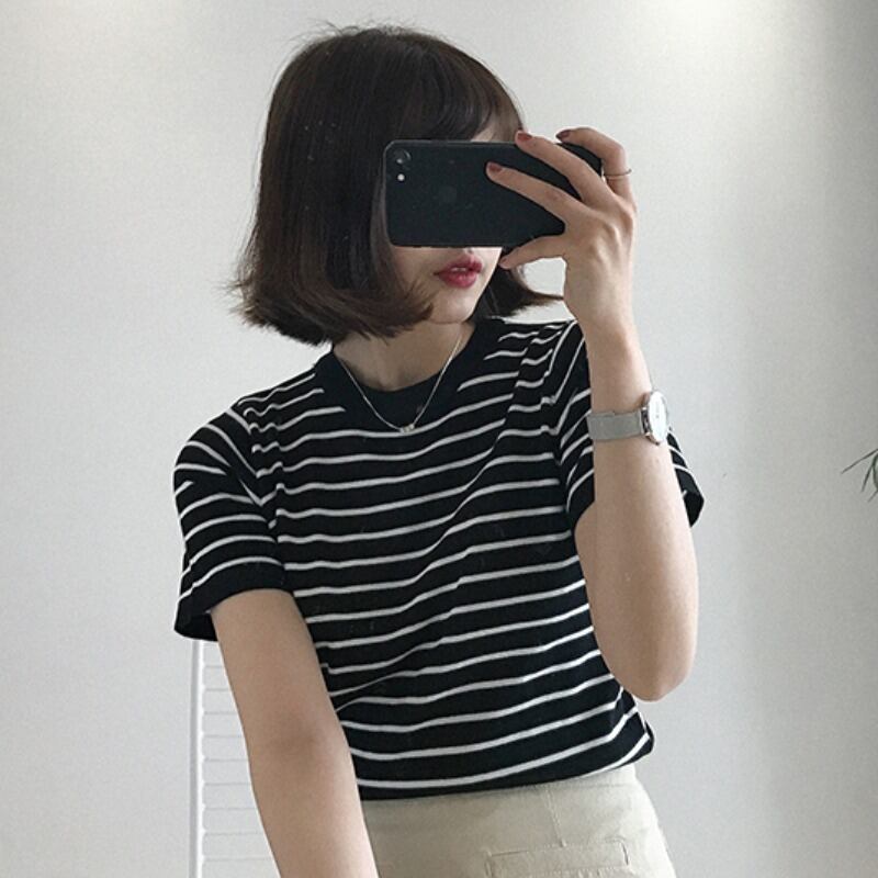 トップス サマーブラックホワイトストライプTシャツ レッドセーター スリムフィット 夏物 シルク YY-ファッション5114060292