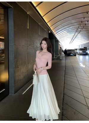 Glossy Material Pleated Flare Long Skirt【H00072】