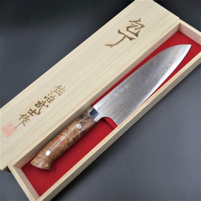 佐治作 VG10 ダマスカス鋼 三徳包丁 180mm 黒仕上げ 寿檀八角柄