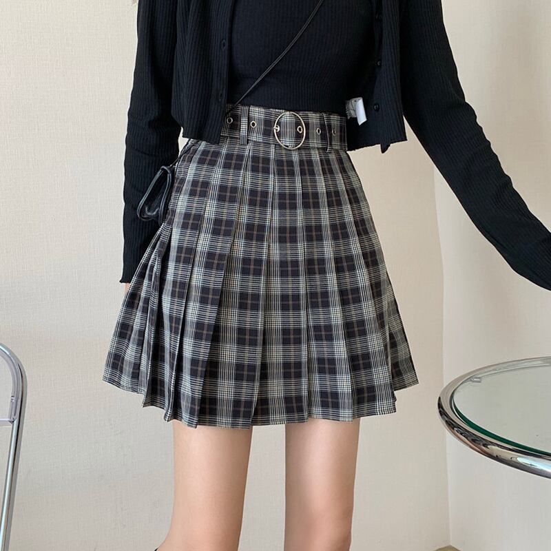 ウェストスカート スプリングオータムスタンダード格子柄プリーツショート レトロ 春物 秋物 試着室90486174197