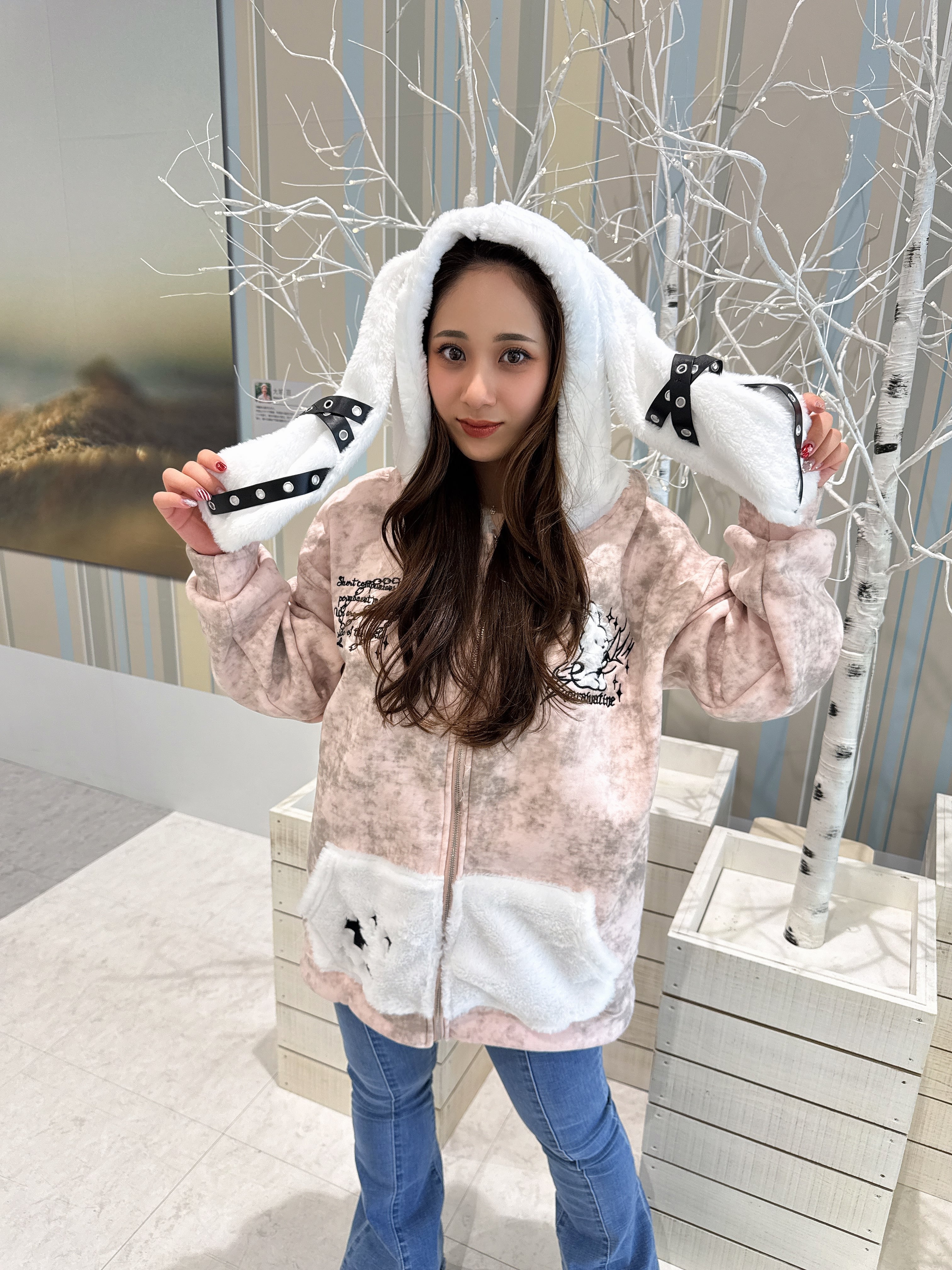 うさ耳ベルトフードパーカー サブカル 地雷 ストリート | 韓国系ユニ