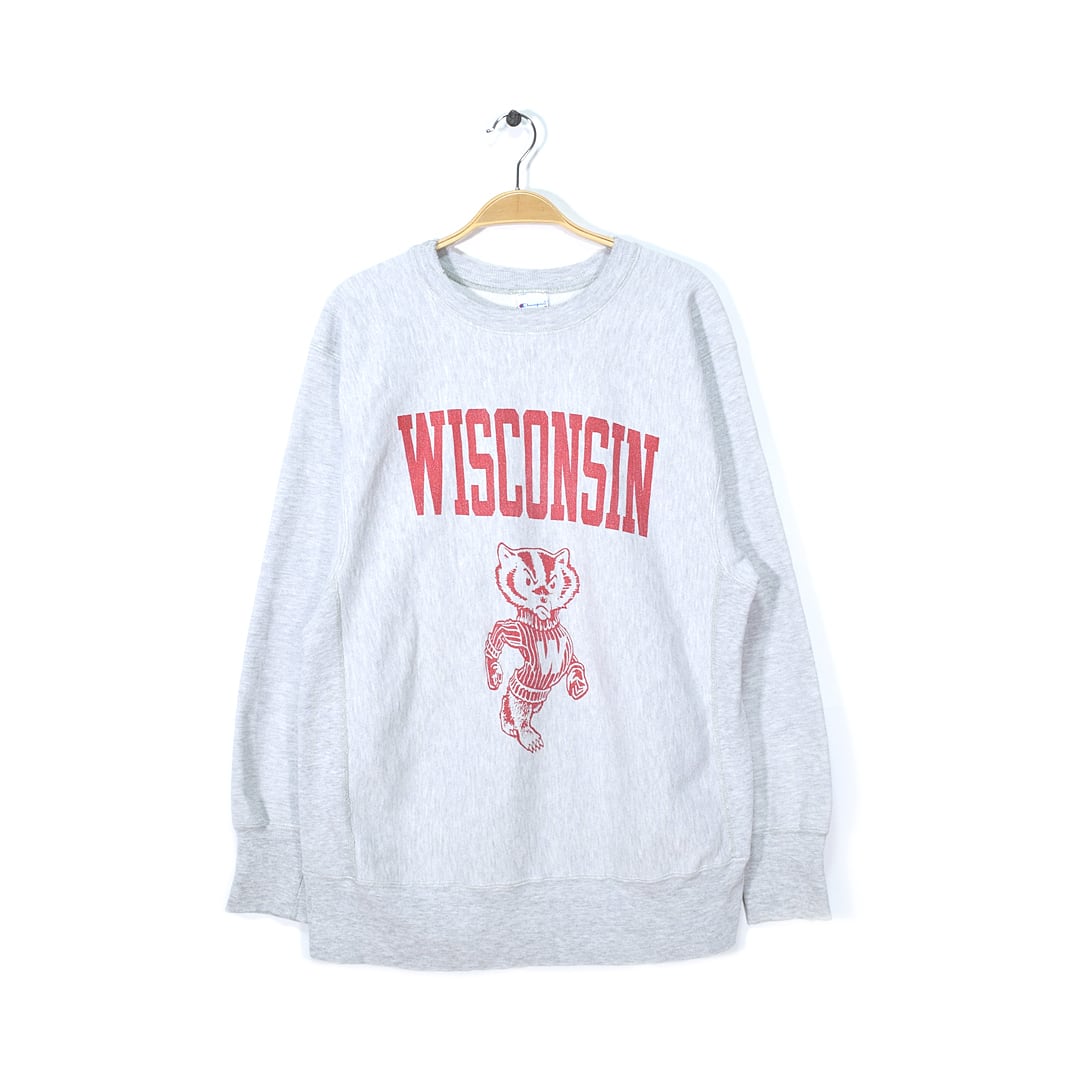 90s チャンピオン USA製 リバースウィーブ ヴィンテージ スウェット カレッジプリント 染み込みプリント WISCONSIN UNIVERSITY メンズL 古着 @CF0659