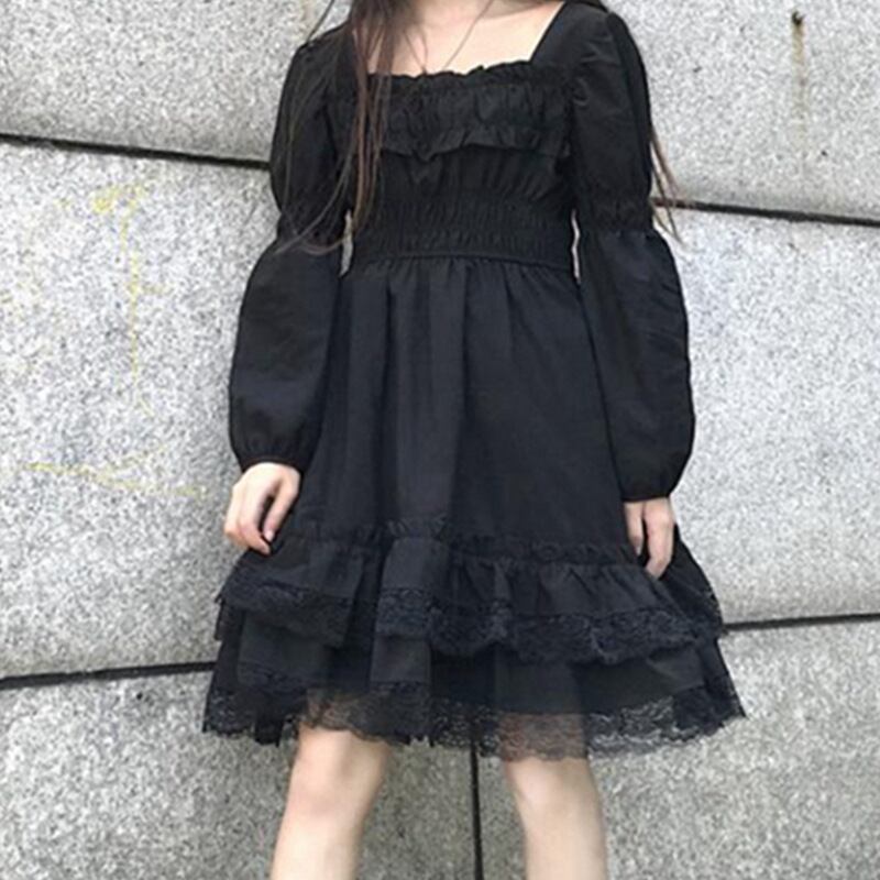 【新作】【送料無料】 ロリータレースブラックドレスレディース初秋の新スタイル塩味と甘い少し長袖キノコスクエアネックスカート 0244751754057