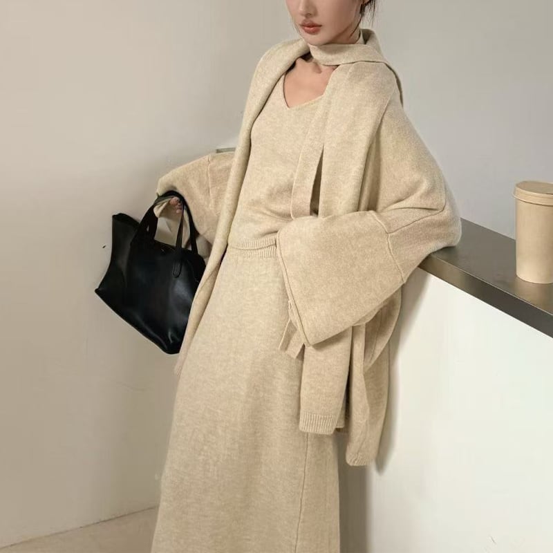 【set】スカーフ×ニットベスト×カーディガン×ロングスカートセット Q7067