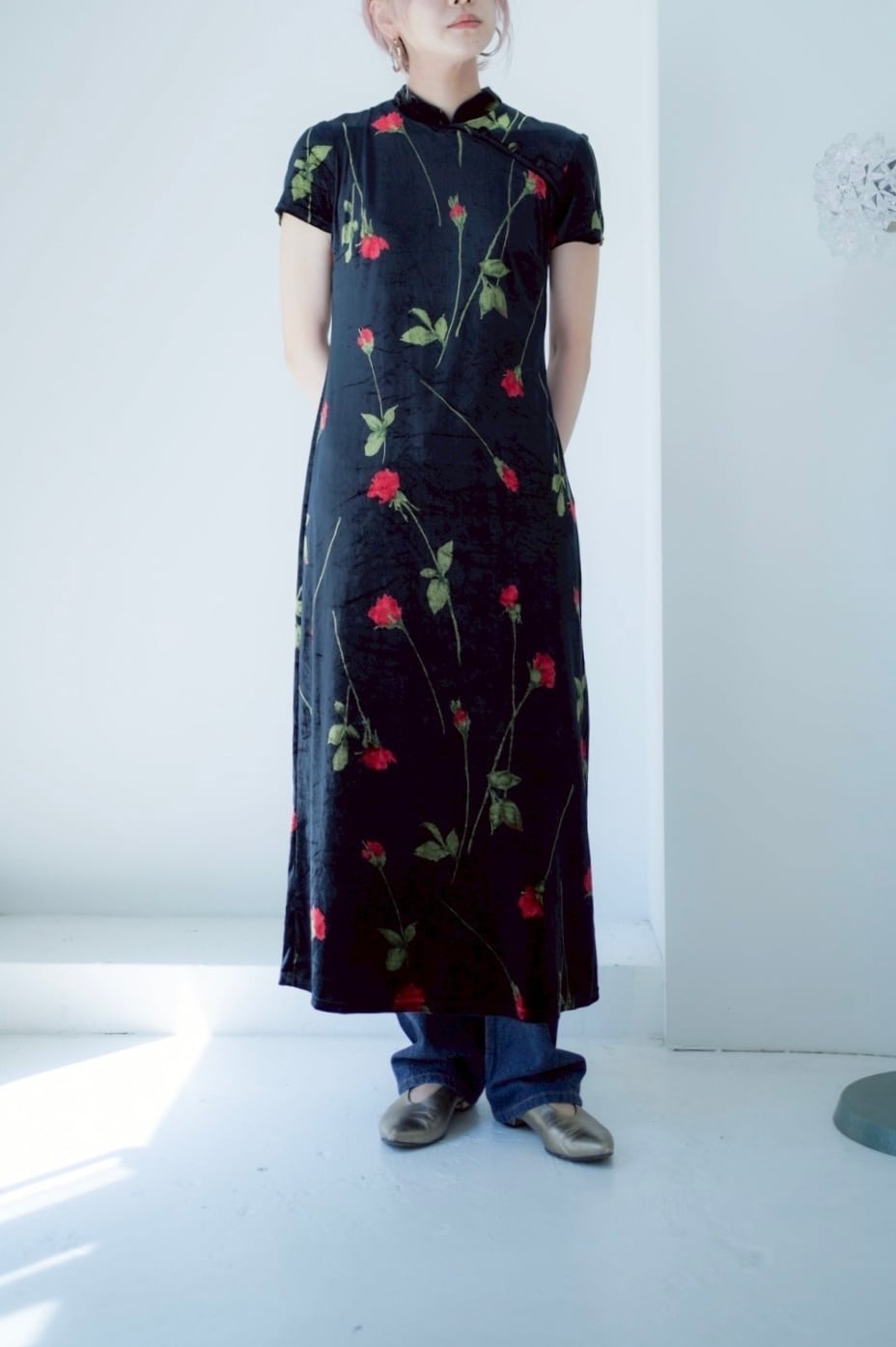 rose print velours china dress