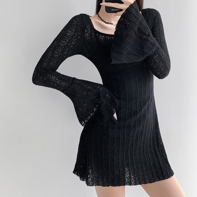 bell sleeve short length square neck knit one-piece la1453