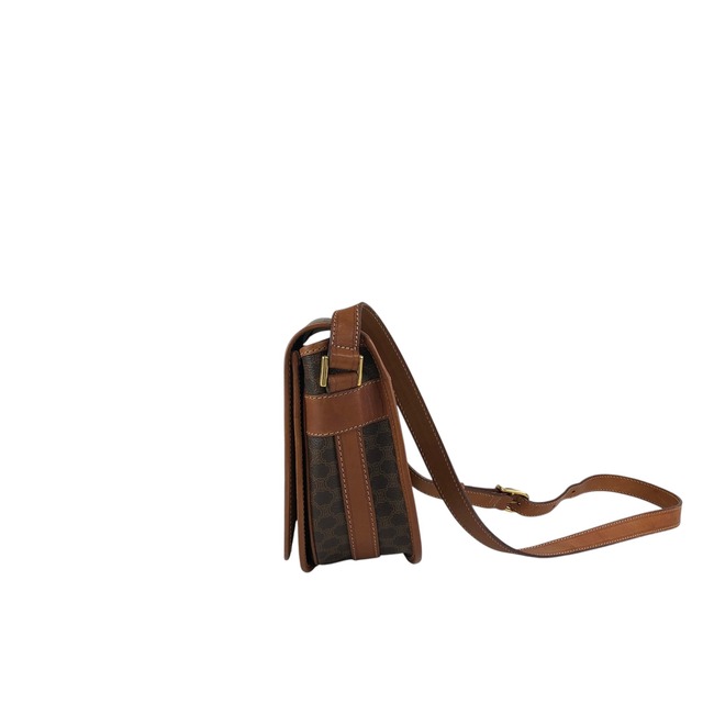 CELINE セリーヌ マカダム ショルダーバッグ ブラウン ブラゾン型押し PVC レザー フラップ vintage ヴィンテージ オールド u4f8bi