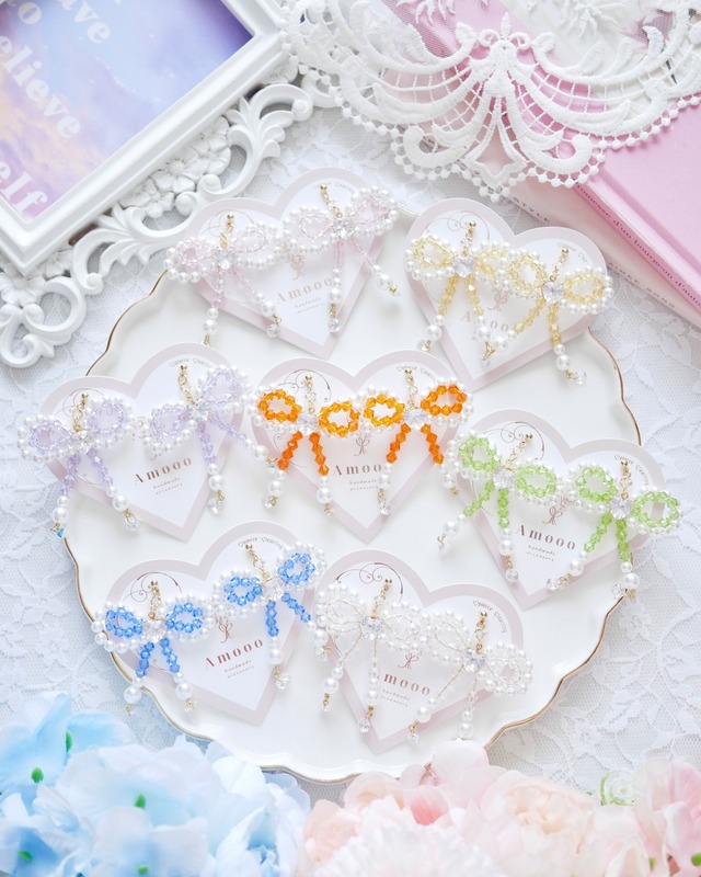 8705 ワンカラーパールリボンピアス/イヤリング