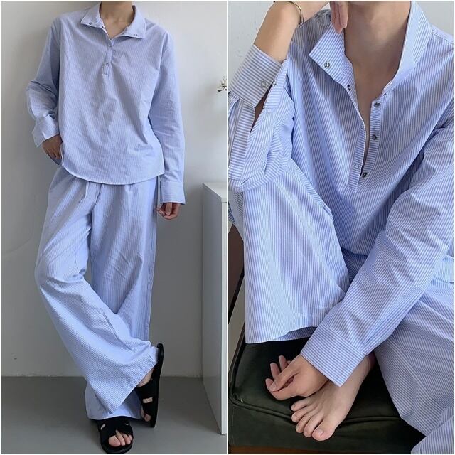 【予約販売】メンズ セットアップ 上下 パンツ 長袖シャツ ストライプ柄 ブルー ハイネック きれいめ ワイドパンツ カジュアル リラックス 部屋着 春 夏 秋 韓国 トレンド こなれ感 M/L/XL