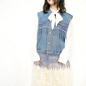 USA VINTAGE WATCH L.A. LACE FRINGE HAND MADE DESIGN DENIM VEST/アメリカ古着レースフリンジハンドメイドデザインデニムベスト