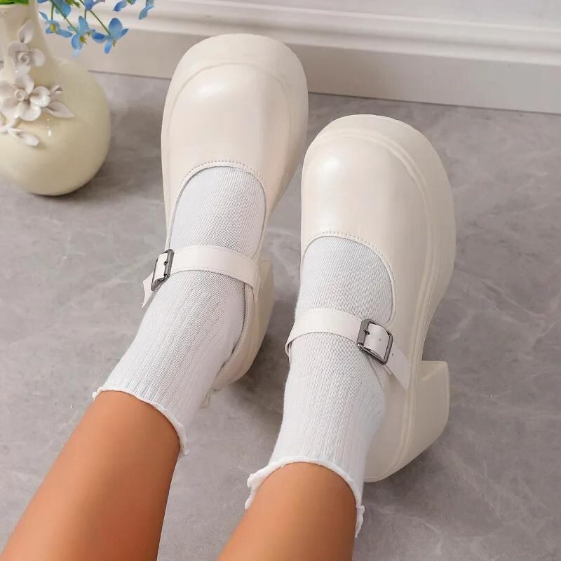 女性のための白いプラットフォームの靴,バックル付きの厚いヒールのパーティーシューズ,2023