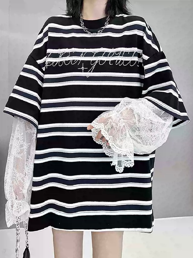 Lace long sleeve stripe loose T-shirt [T2444]