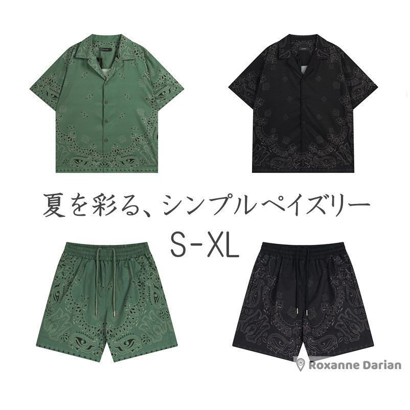 メンズ シンプル ペイズリー カジュアル セットアップ シャツ パンツ