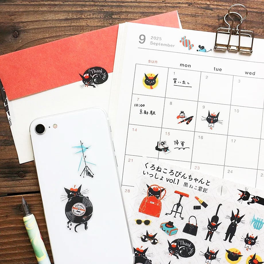 黒ねこ意匠 シールシートステッカー くろねころびんちゃんといっしょ