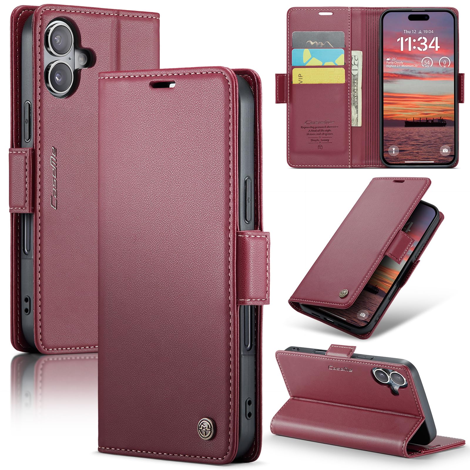 RicYeel iPhone 16 Plus 対応 ケース 手帳型 財布型 カードポケット付き 高級レザー 衝撃吸収 スマホケース 全面保護 カード収納 スタンド機能 携帯カバー 磁気バックル付き ストラップホール付き (レッド)