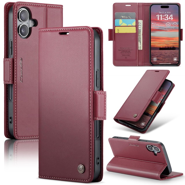 RicYeel iPhone 16 Plus 対応 ケース 手帳型 財布型 カードポケット付き 高級レザー 衝撃吸収 スマホケース 全面保護 カード収納 スタンド機能 携帯カバー 磁気バックル付き ストラップホール付き (レッド)