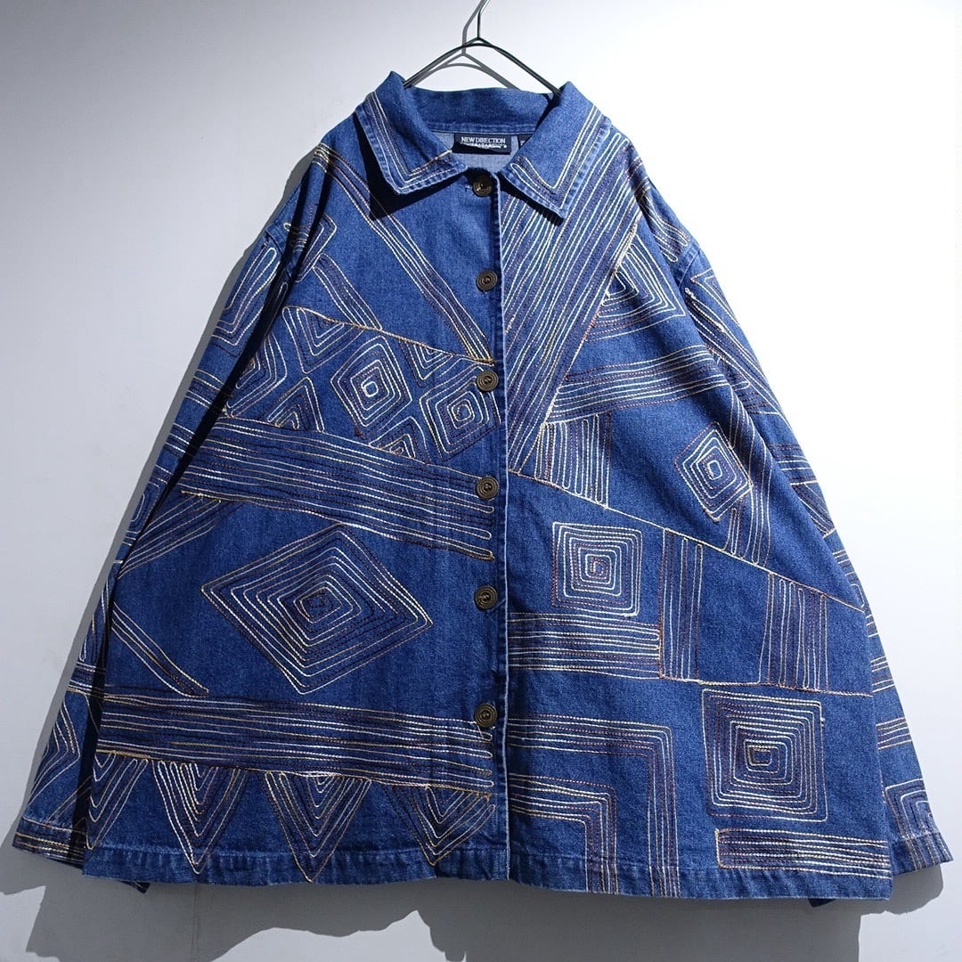 90s Geometric Pattern Multi-Color Stitch Denim Jacket